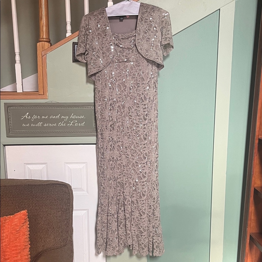 R & M Richards Taupe Maxi Dress with Jacket HB